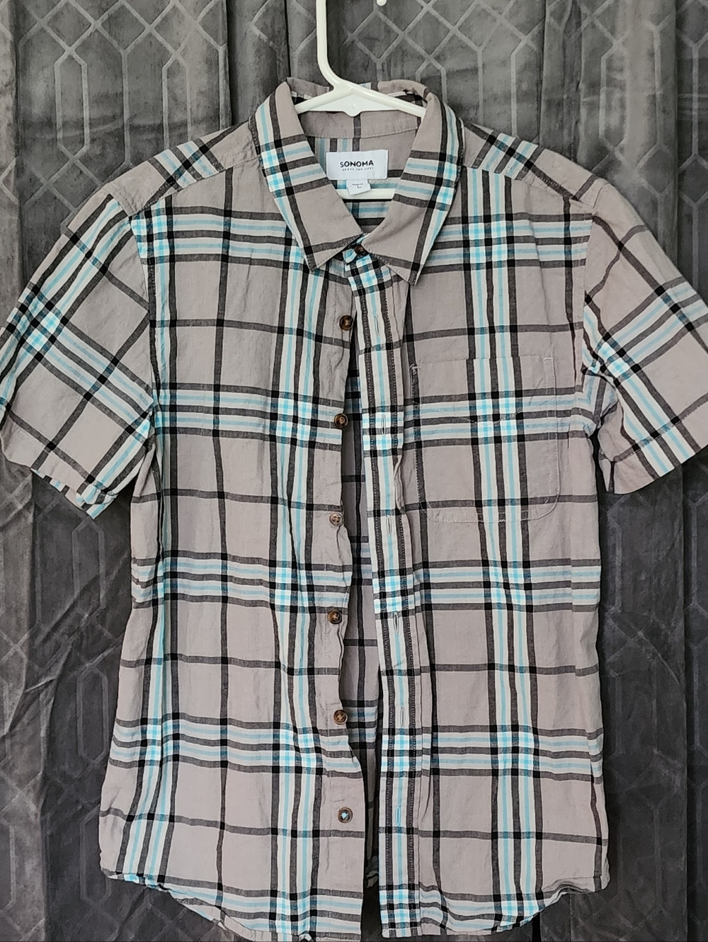 Kid's Sonoma Gray Plaid Short-Sleeve Button-Up with Light Blue Accents
